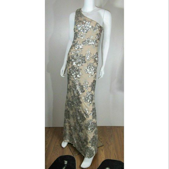 Vince Camuto Metallic Floral Sequin One-shoulder Gown, Womens Size 2 - Picture 1 of 5